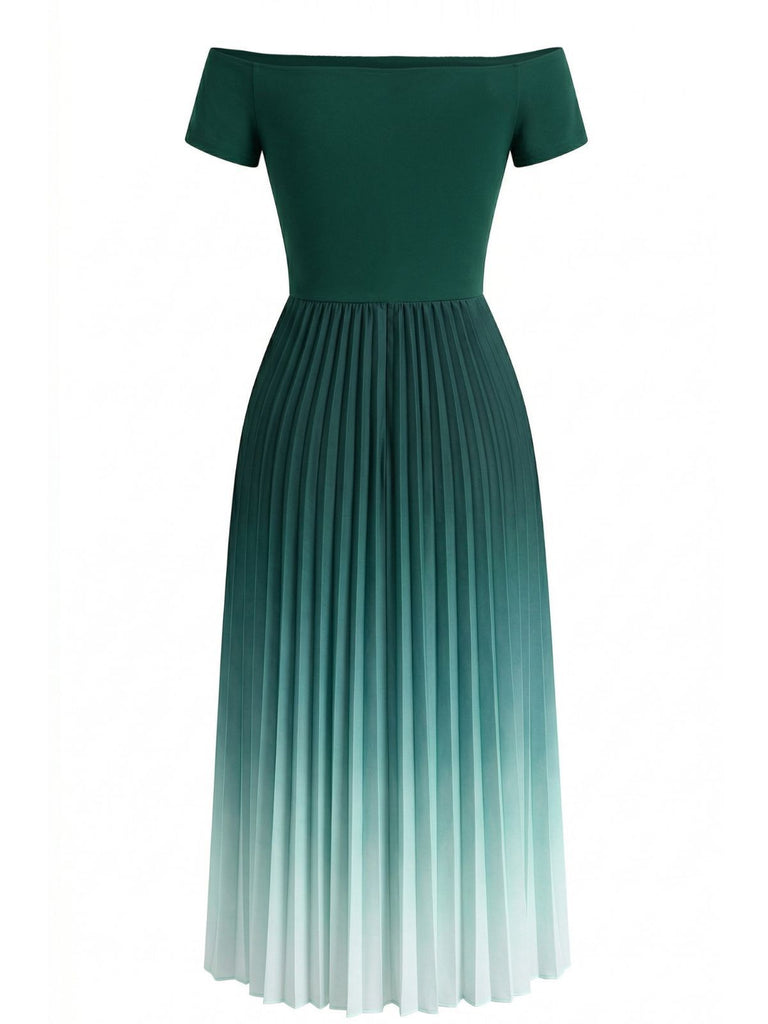 Green 1940s Off-Shoulder Pleated Gradient Dress - vintage dress, retro fashion