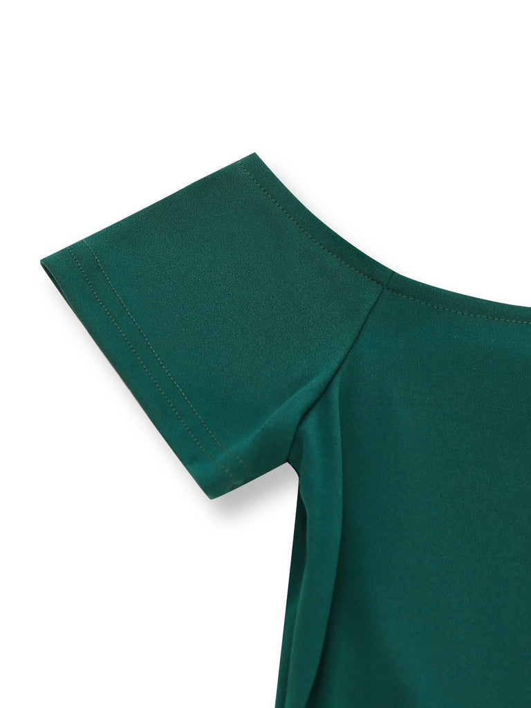 Green 1940s Off-Shoulder Pleated Gradient Dress - vintage dress, retro fashion
