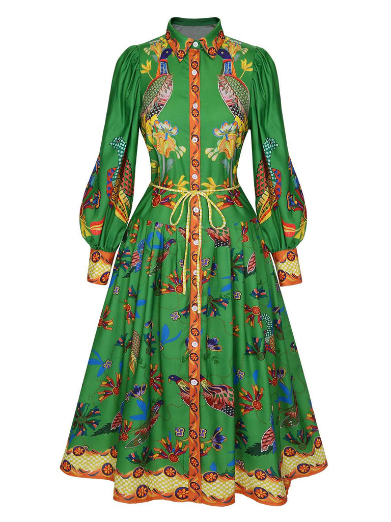 Green 1940s Peacock Lantern Sleeve Shirt Dress, vintage dress, retro fashion - perfect for women who love vintage and retro fashion