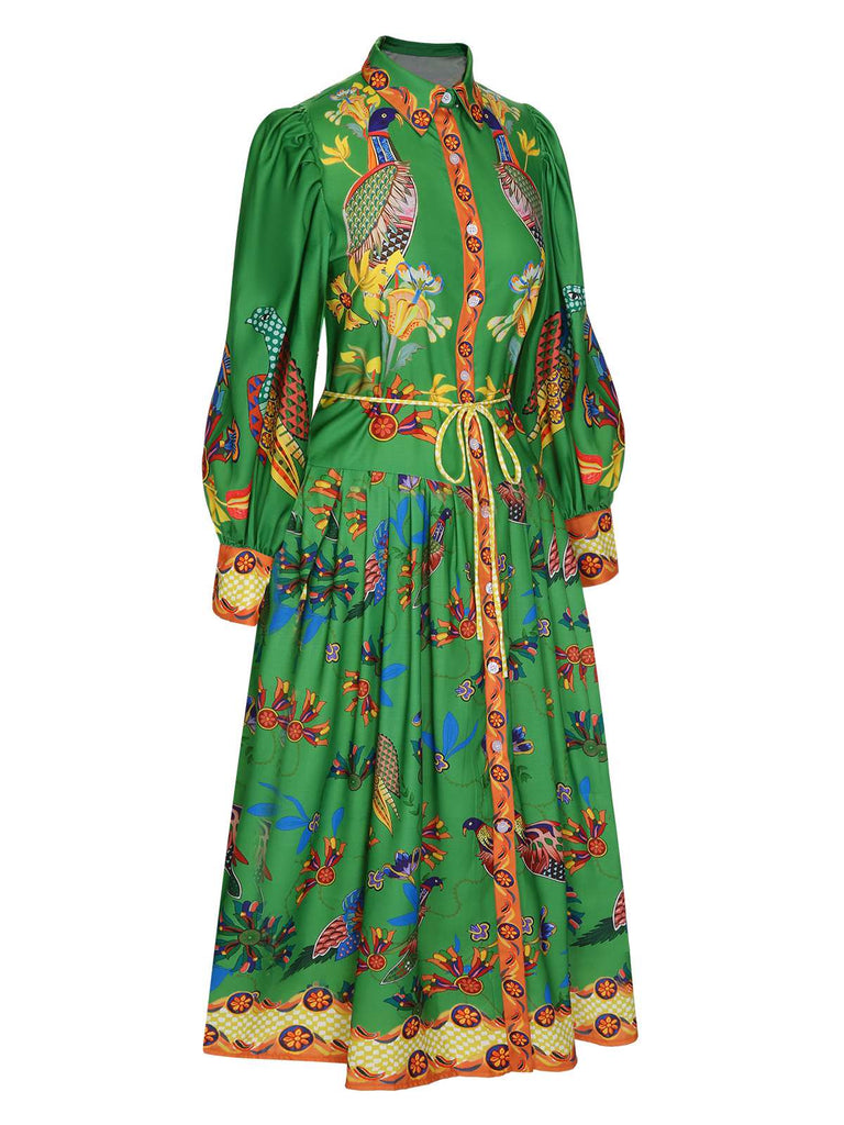 Green 1940s Peacock Lantern Sleeve Shirt Dress, vintage dress, retro fashion - perfect for women who love vintage and retro fashion