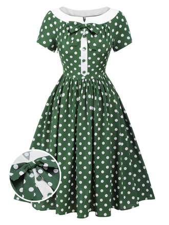 Green 1940s Polka Dot Bowknot Patchwork Dress, vintage dress, retro fashion - perfect for women who love vintage and retro fashion