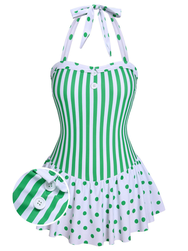 Green 1940s Polka Dots Stripes Halter Swimsuit, vintage swimsuit, pin-up swimwear - perfect for women who love vintage and retro fashion