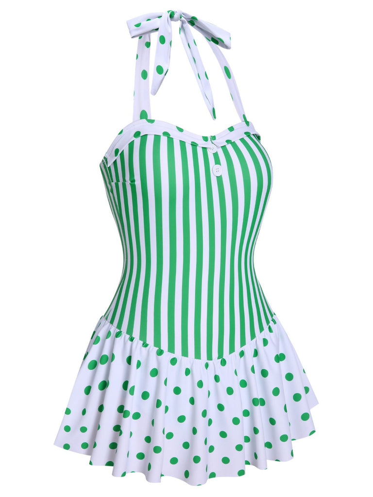 Green 1940s Polka Dots Stripes Halter Swimsuit, vintage swimsuit, pin-up swimwear - perfect for women who love vintage and retro fashion