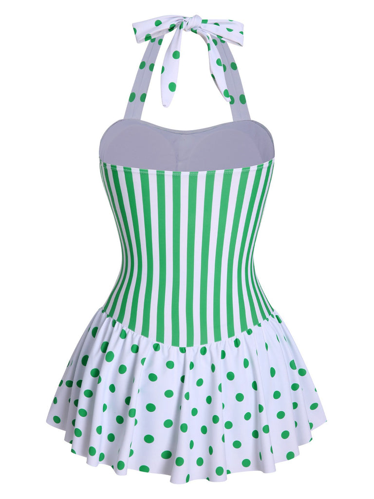 Green 1940s Polka Dots Stripes Halter Swimsuit, vintage swimsuit, pin-up swimwear - perfect for women who love vintage and retro fashion