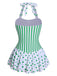 Green 1940s Polka Dots Stripes Halter Swimsuit, vintage swimsuit, pin-up swimwear - perfect for women who love vintage and retro fashion