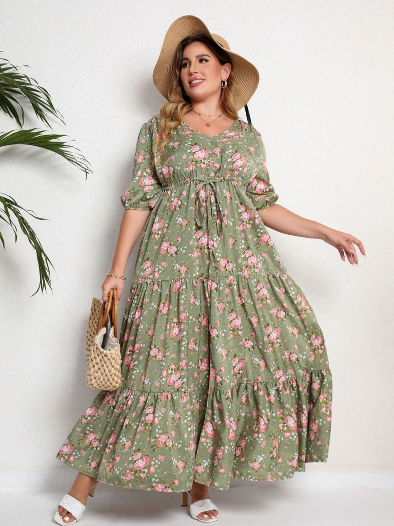 [Plus Size] 1970s Green Floral V-Neck Tiered Maxi Dress - vintage dress, retro fashion, floral print for vintage lovers