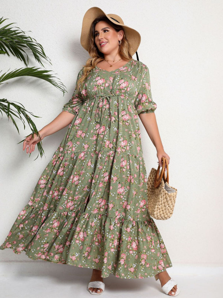 [Plus Size] 1970s Green Floral V-Neck Tiered Maxi Dress - vintage dress, retro fashion, floral print for vintage lovers