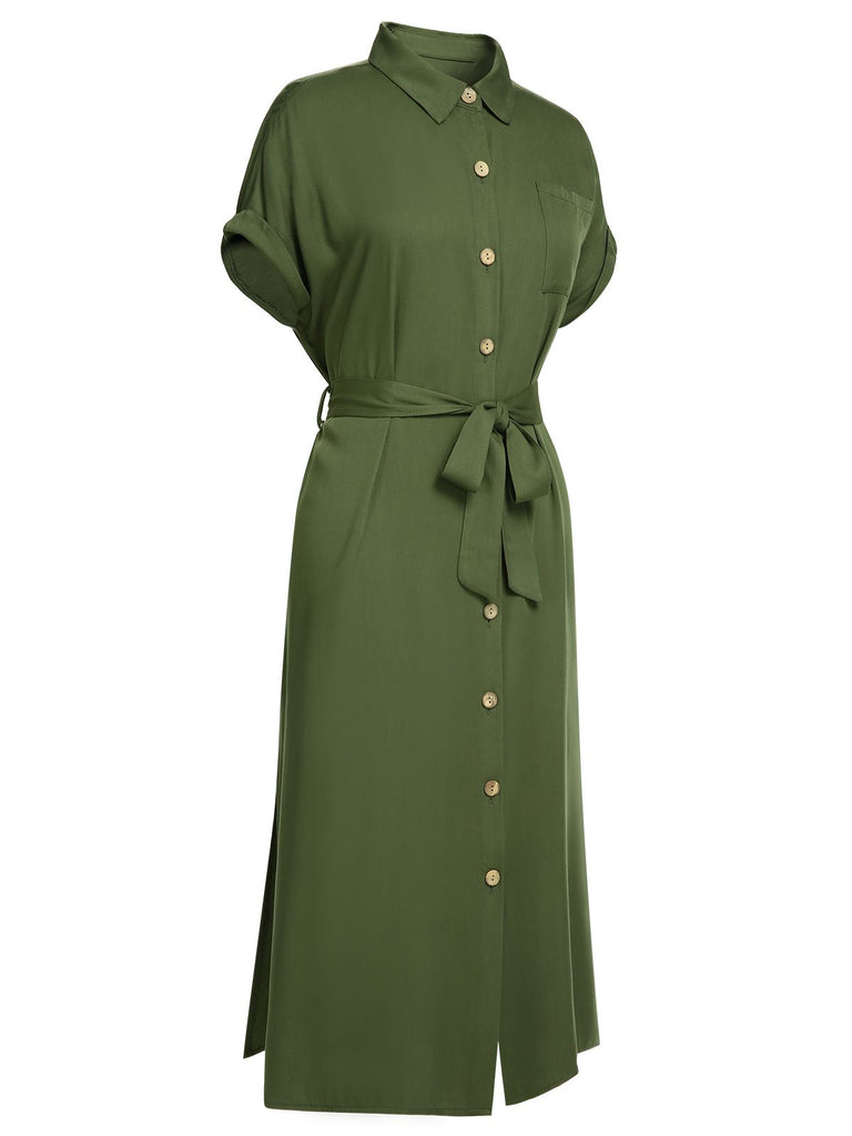 Green 1940s Solid Belted Slit Dress: timeless style reimagined