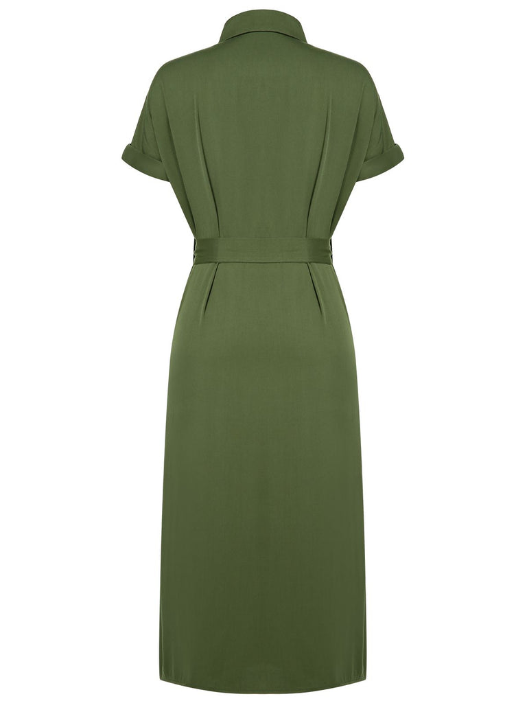 Green 1940s Solid Belted Slit Dress — vintage elegance for the modern woman