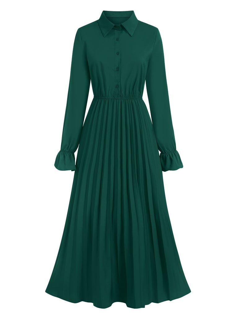 Green 1940s Solid Pleated Shirt Collar Dress, vintage dress, retro fashion - perfect for women who love vintage and retro fashion