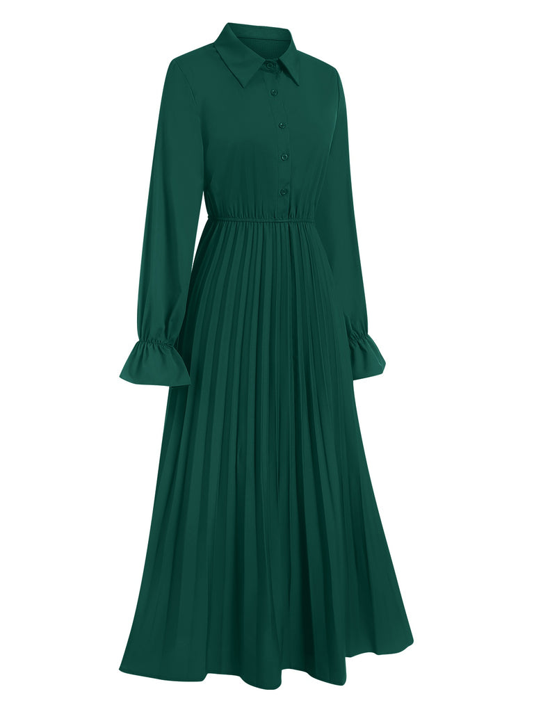Green 1940s Solid Pleated Shirt Collar Dress, vintage dress, retro fashion - perfect for women who love vintage and retro fashion