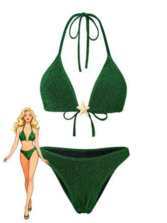 Green 1940s Solid Starfish Sequined Bikini Set - vintage fashion, retro style
