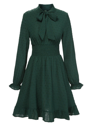 Green 1940s Solid Textured Bow Collar Dress, vintage dress, retro fashion - perfect for women who love vintage and retro fashion