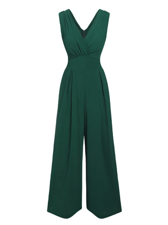 Green 1940s Solid V-Neck Wide-Leg Jumpsuit, vintage romper, retro jumpsuit - perfect for women who love vintage and retro fashion