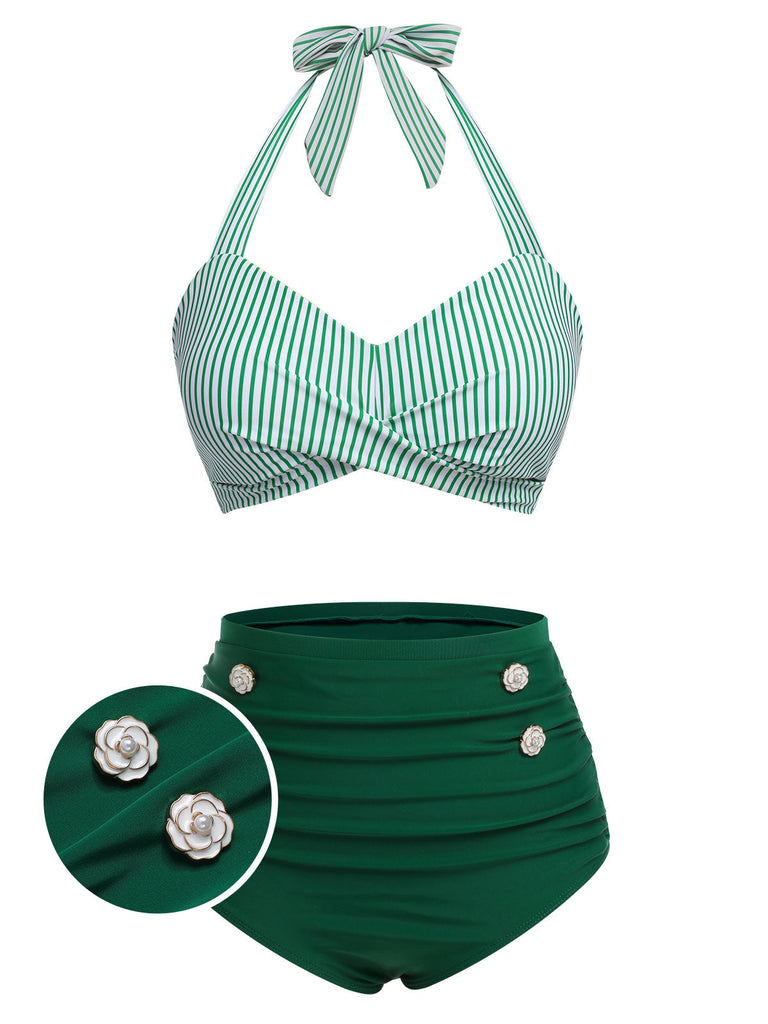 This Green 1940s Striped Halter Swimsuit Set carries 1940s vacation dreams in every stitch