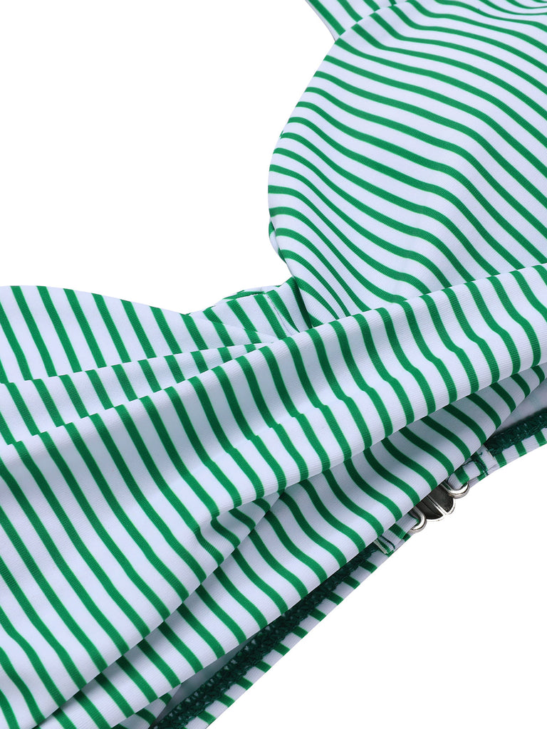 Green 1940s Striped Halter Swimsuit Set - vintage swimsuit, pin-up style