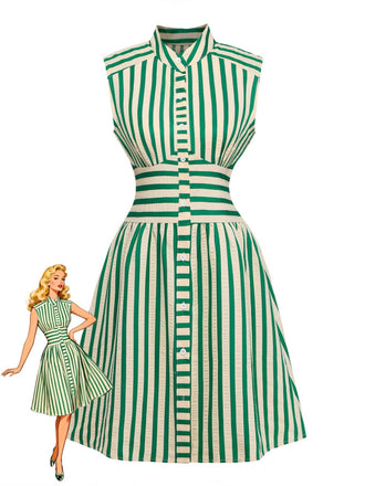 Green and white striped dress with a model wearing it on a white background