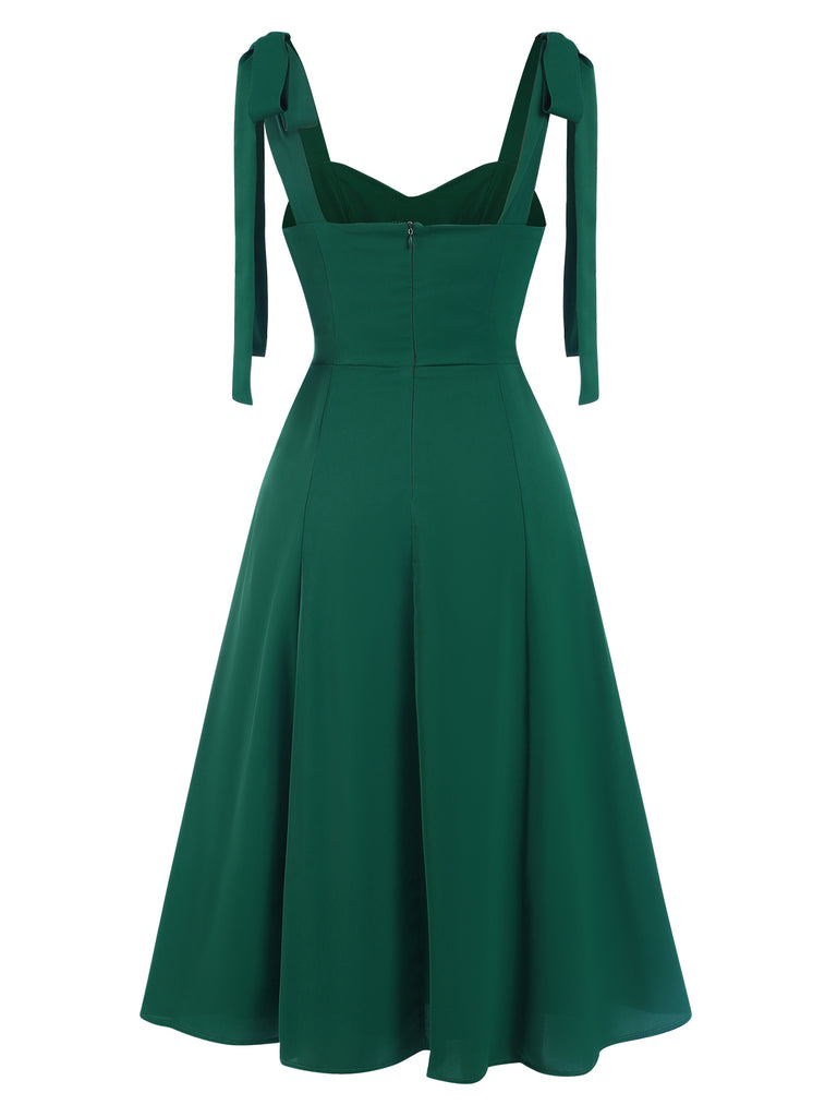 Green 1940s Sweetheart Neck Lace-Up Slit Dress, vintage dress, retro fashion, lace detail - perfect for women who love vintage and retro fashion