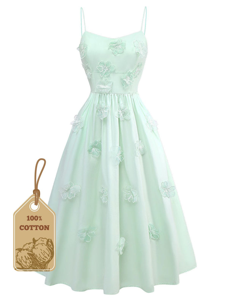 Green 1940s U-Neck Solid Jacquard Pure Cotton Dress - vintage dress, retro fashion