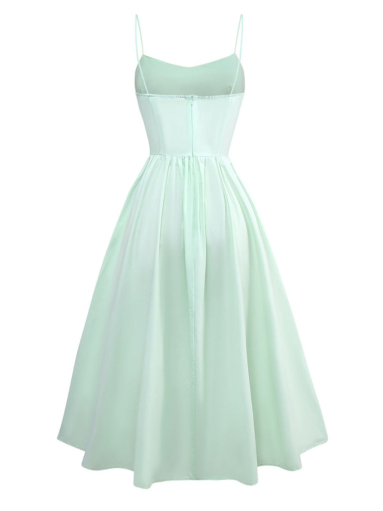 Green 1940s U-Neck Solid Jacquard Pure Cotton Dress - vintage dress, retro fashion