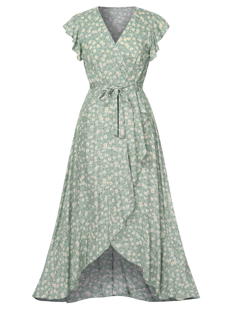 She slips into this Green 1940s V-Neck Ditsy Floral Irregular Hem Dress and suddenly it's a 1940s daydream