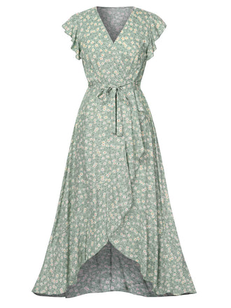 She slips into this Green 1940s V-Neck Ditsy Floral Irregular Hem Dress and suddenly it's a 1940s daydream