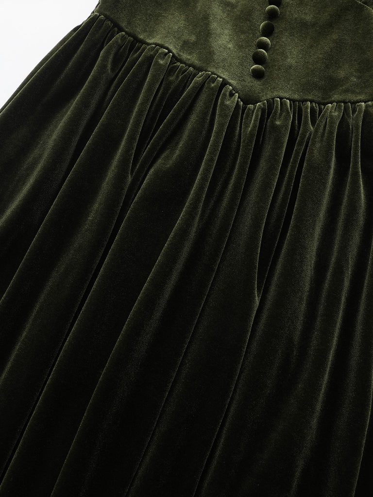 Green 1940s Velvet Deep-V Puff Sleeve Ruched Dress - vintage dress, retro fashion