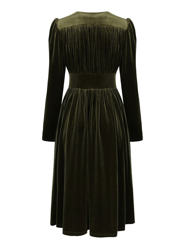 Green 1940s Velvet Deep-V Puff Sleeve Ruched Dress - vintage dress, retro fashion