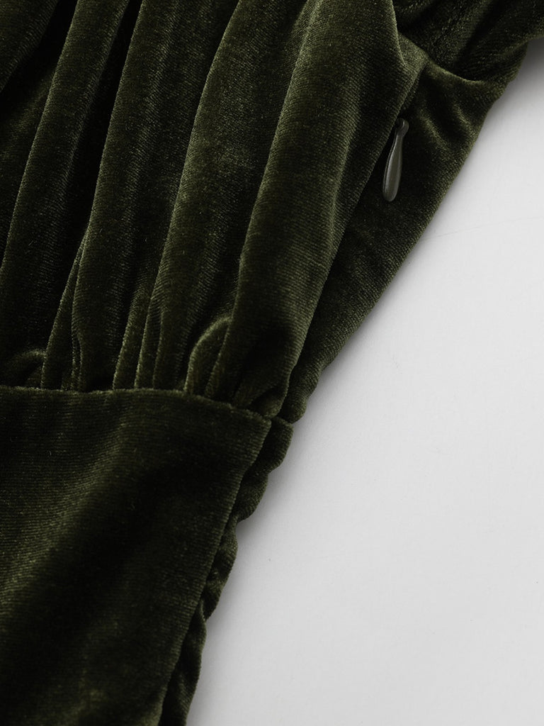 Green 1940s Velvet Deep-V Puff Sleeve Ruched Dress - vintage dress, retro fashion