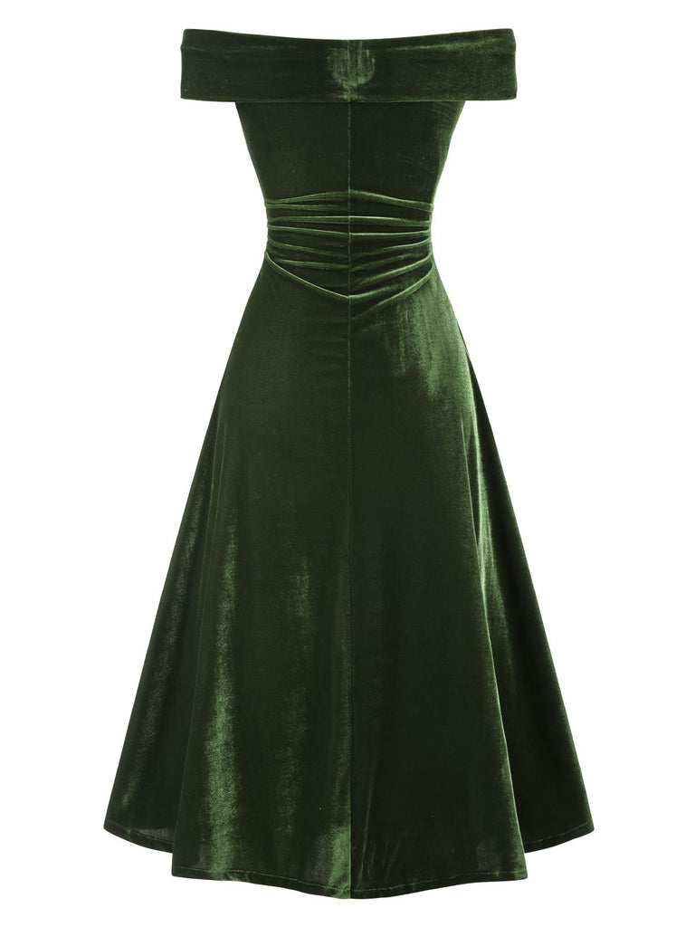 Green 1940s Velvet Ruched Off-Shoulder Bardot Dress, vintage dress, retro fashion - perfect for women who love vintage and retro fashion