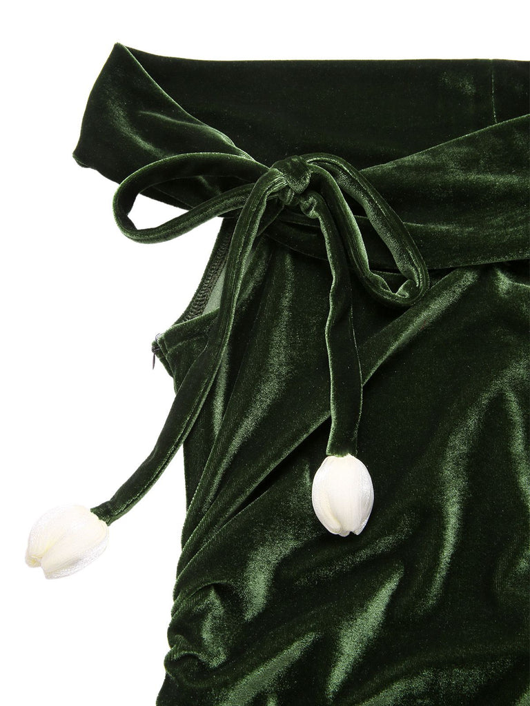 Green 1940s Velvet Ruched Off-Shoulder Bardot Dress, vintage dress, retro fashion - perfect for women who love vintage and retro fashion