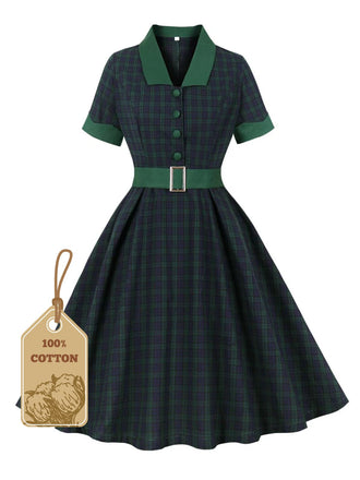 She slips into this Green 1950s Blackwatch Tartan Lapel Dress and suddenly it's a 1950s daydream