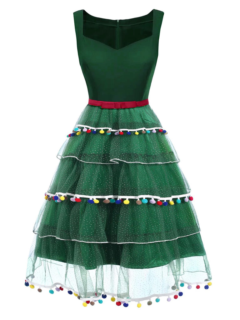 Green 1950s Christmas Tree Bow Mesh Puffy Dress - vintage dress, retro fashion, rockabilly