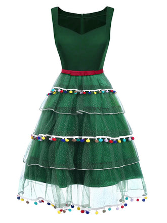 Green 1950s Christmas Tree Bow Mesh Puffy Dress - vintage dress, retro fashion, rockabilly