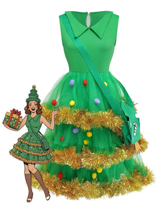 Green 1950s Christmas Tree Tiered Dress Set - vintage dress, retro fashion, rockabilly