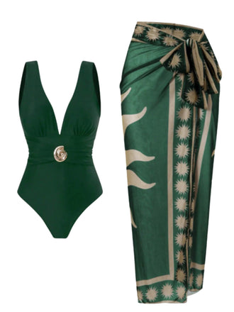 Green 1950s Deep V One-Piece Swimsuit & Mesh Cover-Up - vintage swimsuit, pin-up swimwear for vintage lovers
