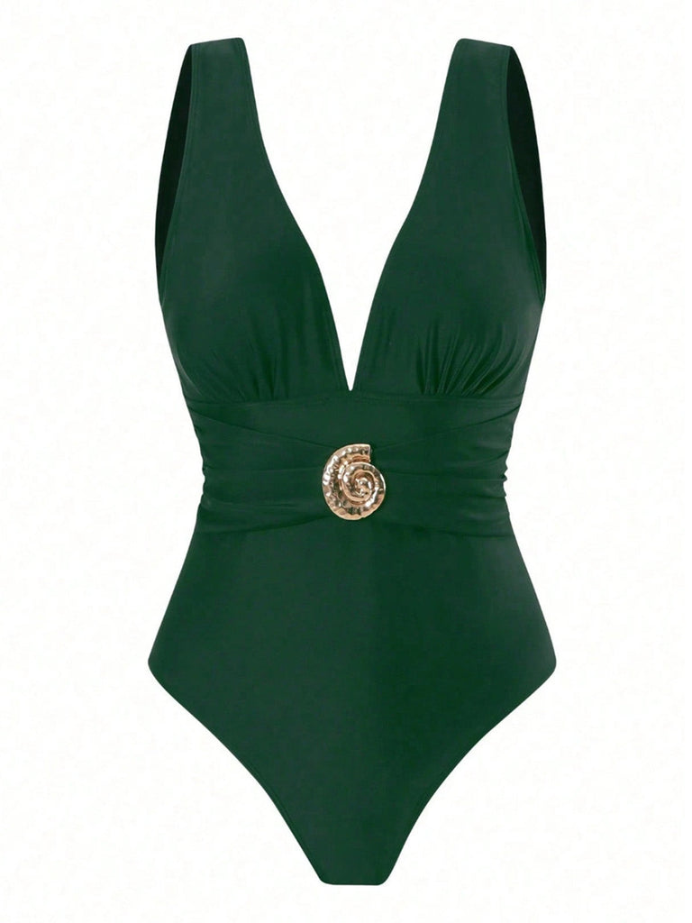 Green 1950s Deep V One-Piece Swimsuit & Mesh Cover-Up - vintage swimsuit, pin-up swimwear for vintage lovers