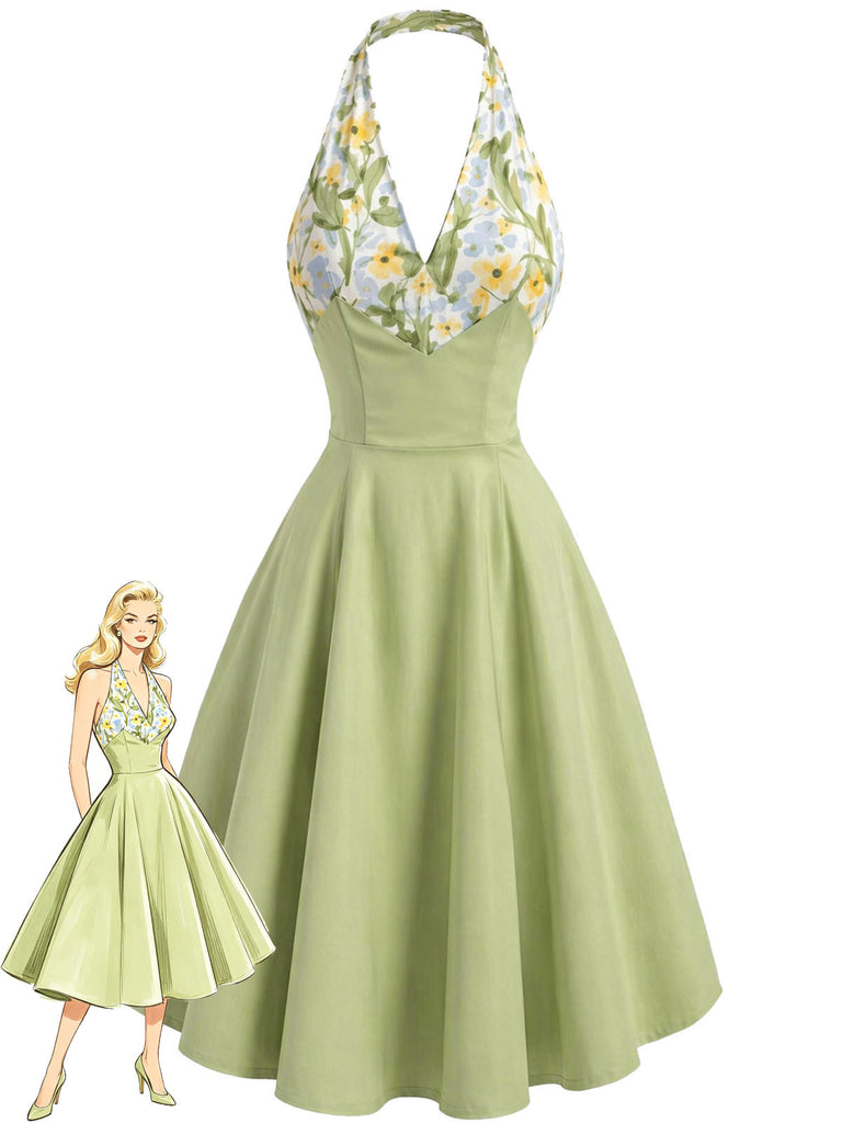 [Pre-Sale] Gray Green 1950s Floral V Neck Patchwork Dress