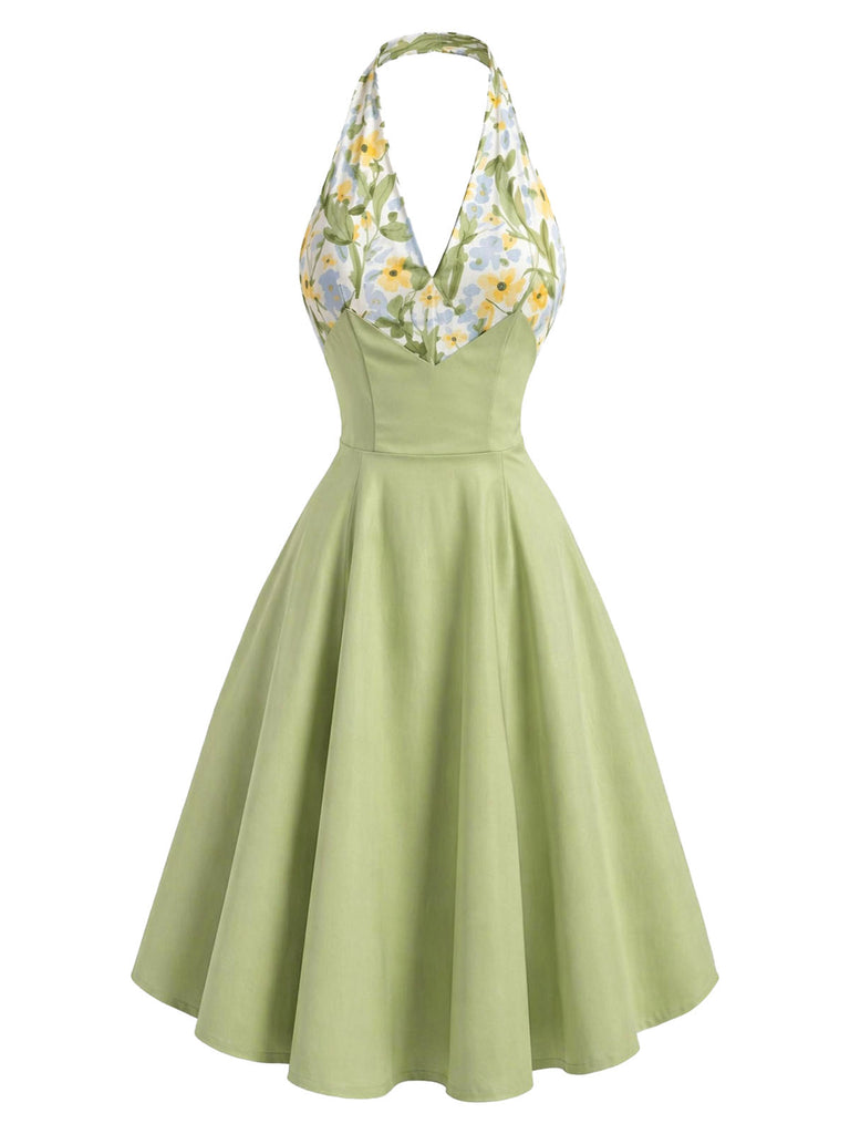 [Pre-Sale] Gray Green 1950s Floral V Neck Patchwork Dress 2