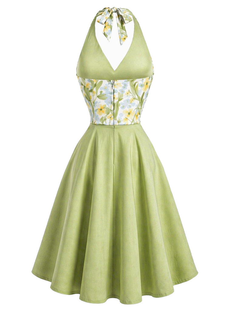 [Pre-Sale] Gray Green 1950s Floral V Neck Patchwork Dress 3