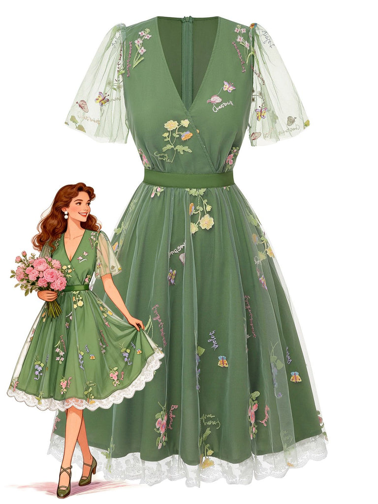 Green 1950s Floral Puff Sleeve Mesh Embroidered Dress - vintage dress, retro fashion, rockabilly