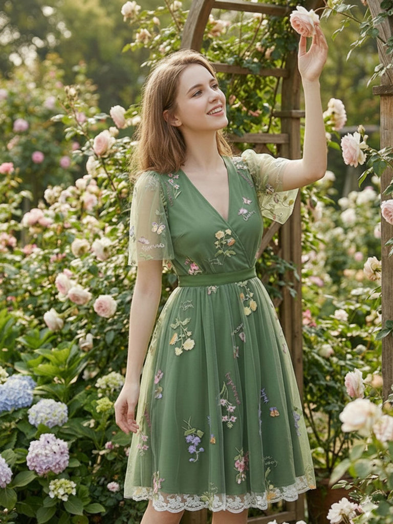 Green 1950s Floral Puff Sleeve Mesh Embroidered Dress - vintage dress, retro fashion, rockabilly