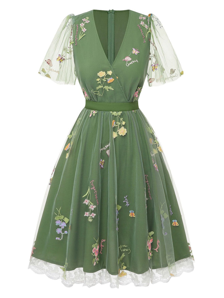 Green 1950s Floral Puff Sleeve Mesh Embroidered Dress - vintage dress, retro fashion, rockabilly