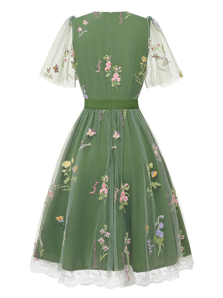 Green 1950s Floral Puff Sleeve Mesh Embroidered Dress - vintage dress, retro fashion, rockabilly