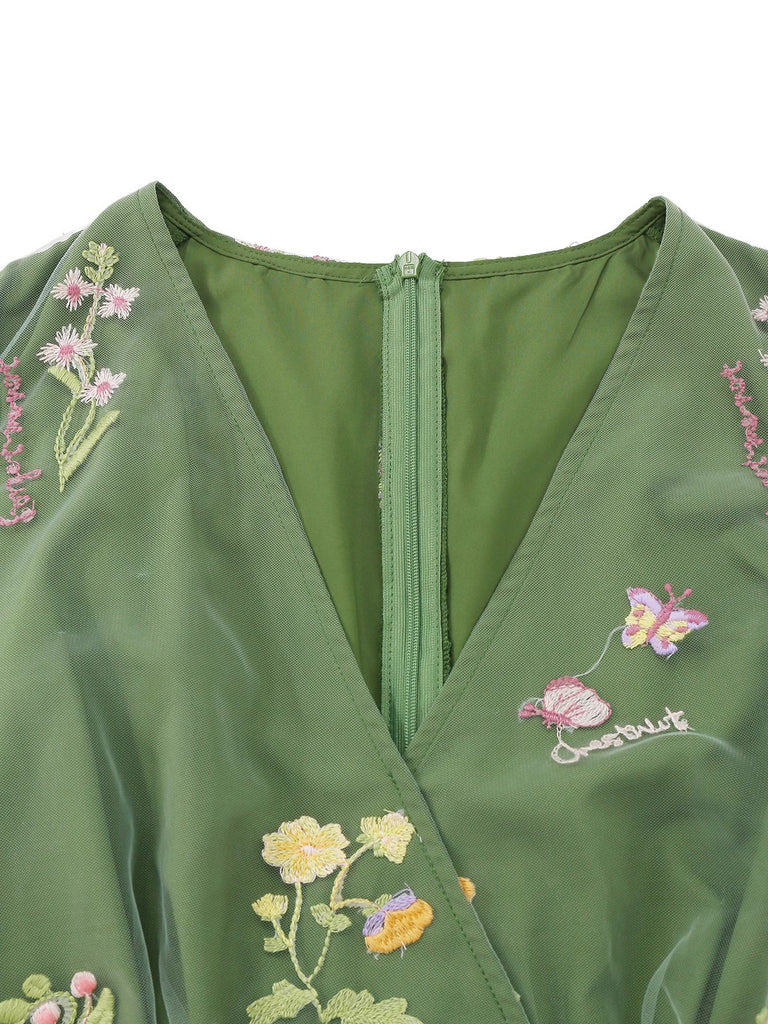 Green 1950s Floral Puff Sleeve Mesh Embroidered Dress - vintage dress, retro fashion, rockabilly