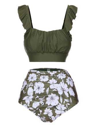 She's wearing Green 1950s Floral Ruffles Pleated Swimsuit and the whole beach remembers the 1950s