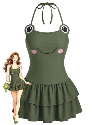 [Pre-Sale] Green 1950s Frog Print Halter Ruffled One-Piece Swimdress - vintage dress, retro fashion, rockabilly, pin-up fashion for vintage lovers