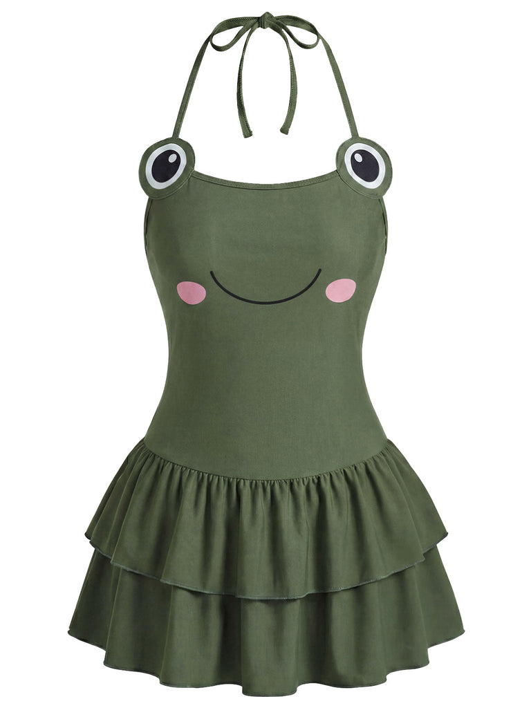 Army Green 1950s Halter Ruffle One-Piece Swimsuit 2