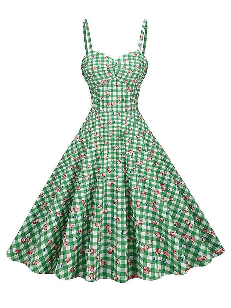 Green 1950s Gingham Cotton Cherry Spaghetti Strap Dress, vintage dress, retro fashion, rockabilly, pin-up fashion - perfect for women who love vintage and retro fashion