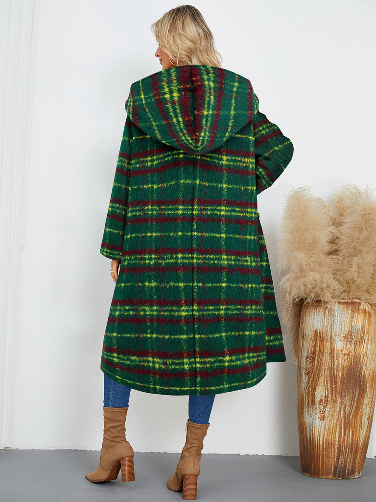 Green 1950s Gingham Plaid Hooded Coat - vintage fashion, retro style